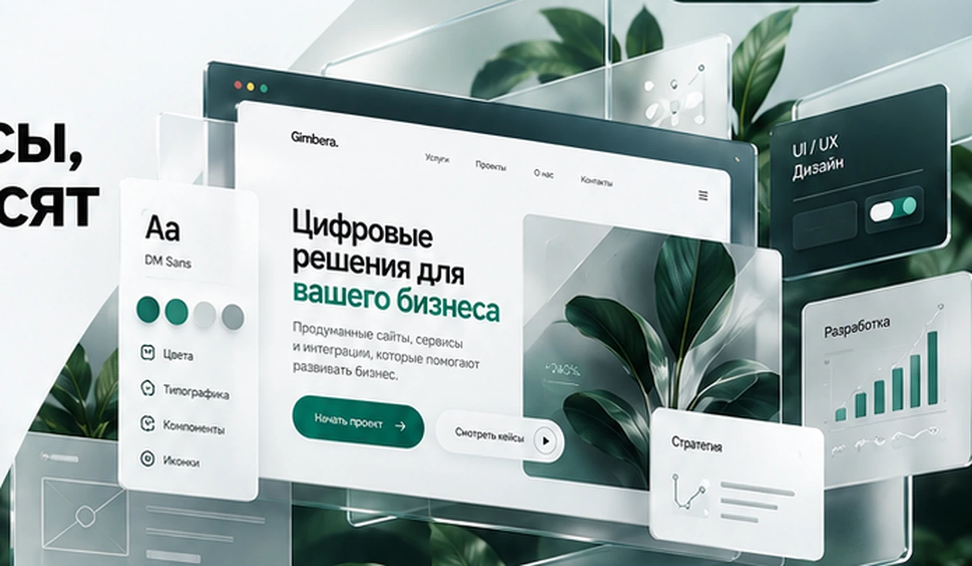 Демонстрационная композиция веб-интерфейсов Gimbera: сайты, дизайн-система и аналитика